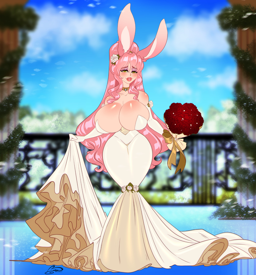 belise7 big_breasts bimbo bimbofication bride calypsa commission gold_eyes hourglass_figure oc original_character peachicake pink_hair rabbit_ears rabbit_humanoid