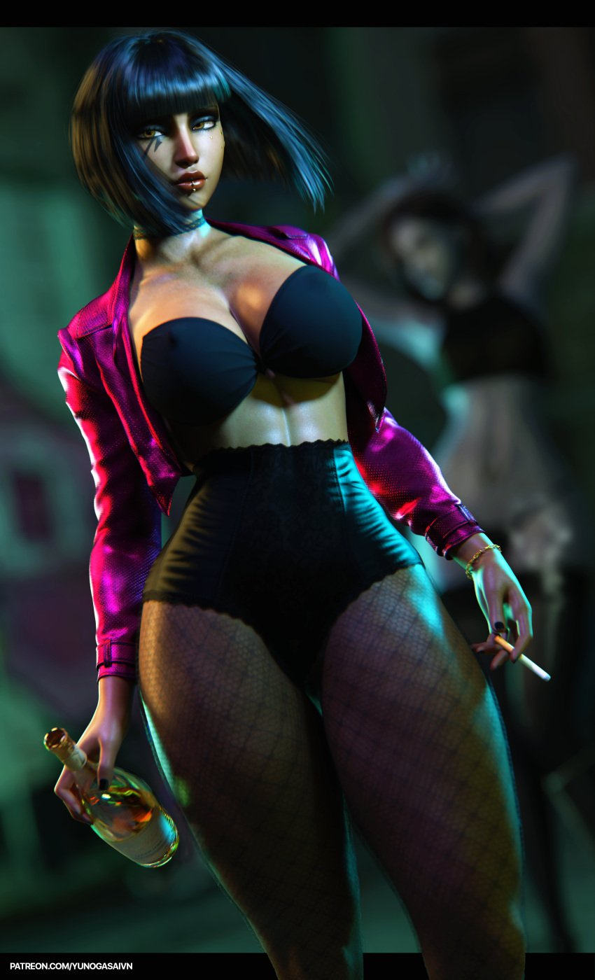 1girls 3d alcohol bangs big_breasts black_hair blizzard_entertainment blurry_background brown_eyes cleavage cowboy_shot dark-skinned_female dark_skin fishnet_legwear jacket jewelry lip_piercing lipstick long_sleeves looking_at_viewer makeup mascara night overwatch pharah short_hair thick_lips wide_hips yunogasai