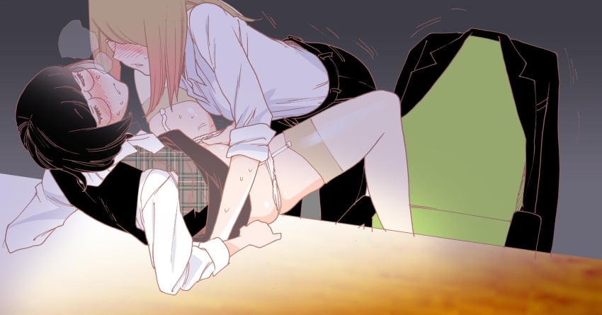 2girls black_hair blonde_hair closed_eyes fingering garter_straps kishi_torajiro multiple_girls on_table sex spread_legs yuri