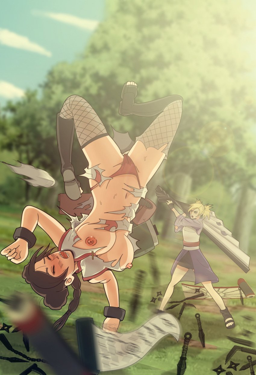 2girls attack battle big_breasts blonde_hair blowing breasts breasts_out brown_hair catfight defeated destroyed_clothing exposed_breasts exposed_panties exposed_underwear fan female female_only fighting flying folding_fan indrockz indy_riquez kunoichi multiple_girls naruto naruto:_the_last naruto_(series) naruto_shippuden ninja nipples no_bra outdoors panties ripped_clothing rivals swinging temari tenten weapon wide_breasts wind wind_lift window