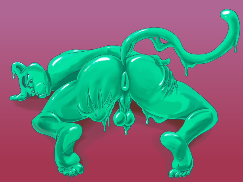 4:3 anthro anus ass backsack balls big_anus big_butt feet felid genitals goo_creature green_body hands hi_res humanoid_feet lickerdemon looking_at_viewer male mammal pantherine presenting presenting_anus puffy_anus slime solo tail