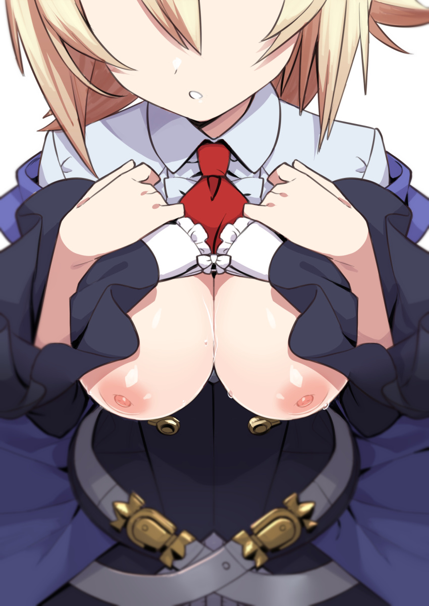 blazblue blonde_hair bow bow_bra bra bra_lift breasts breasts_out cleavage es_(xblaze) female head_out_of_frame highres large_breasts morisobo necktie nipples parted_lips red_necktie shirt short_hair simple_background solo underwear white_background white_bra white_shirt xblaze