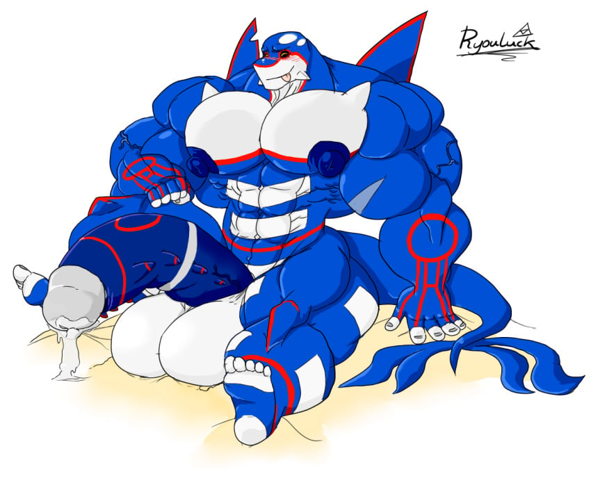 1boy abs anthro bara big_muscles big_nipples big_penis blue_cock blush bodily_fluids closed_eyes clothing dripping feet_up flaccid generation_3_pokemon genital_fluids genital_outline genitals grey_glans hyper hyper_muscles hyper_penis kyogre legendary_pokemon male male_only markings muscular nintendo nipples pecs penis pokémon_(species) pokemon pokemon_(species) precum precum_drip ryouluck sitting smile smirk solo speedo swimwear tongue tongue_out video_games white_balls