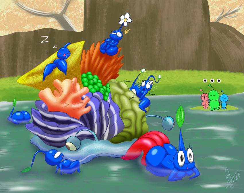 2022 alph_(pikmin) anal_object_insertion anal_sex ass big_ass blue_pikmin blue_skin breasts brittany_(pikmin) charlie_(pikmin) coral featureless_breasts female flora_fauna flower huge_ass huge_tongue k leaf licking licking_ass monster nintendo not_furry on_all_fours on_floor pikmin pikmin_(species) plant plant_humanoid sleeping supermoonshroom surprised text thick_thighs tickle tickled tickling tickling_ass tickling_butt tongue video_games water watermark