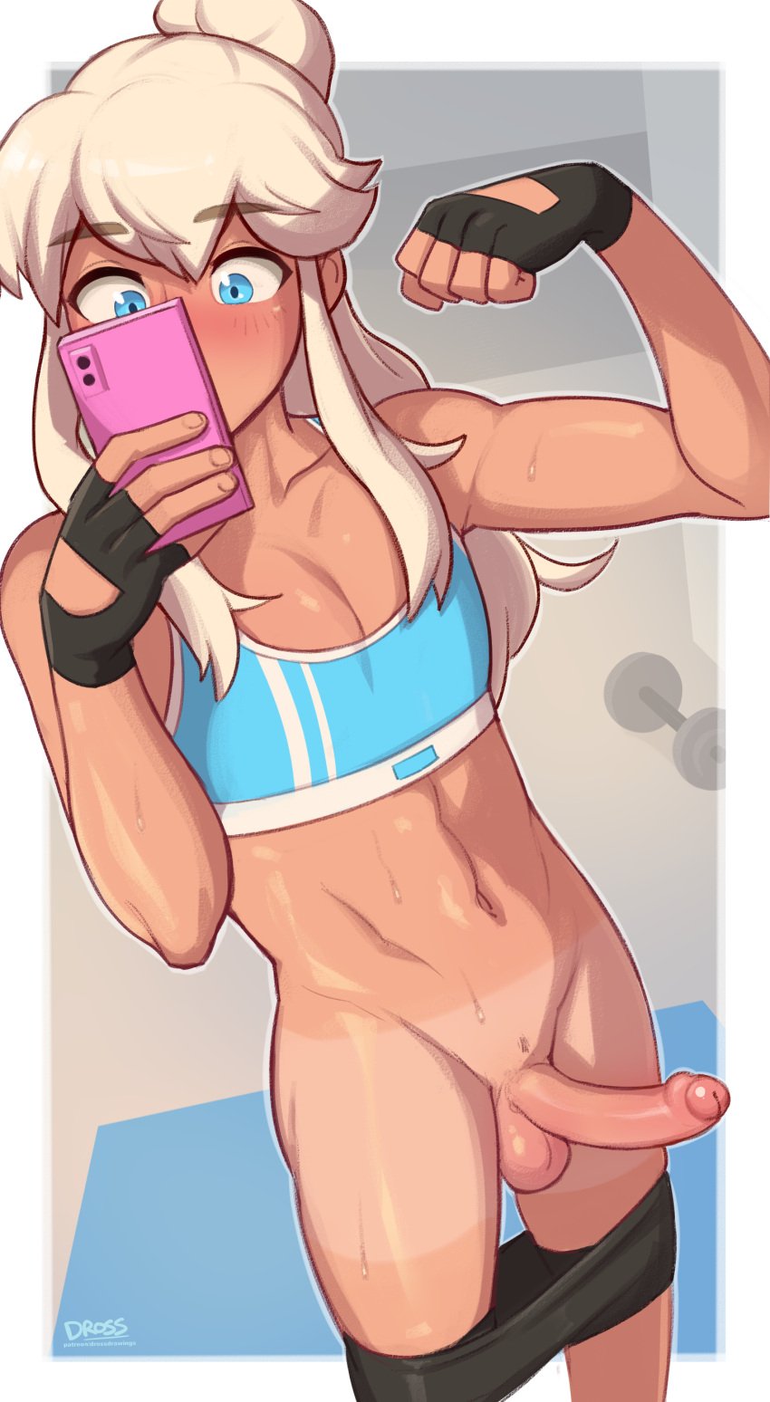 1boy abs artist_name balls bangs blonde_hair blue_eyes blush cody_(dross) cute dross dumbbell erection femboy feminine_male fingerless_gloves flexing_bicep foreskin gay girly gym hairbun long_hair male_only original pants_down penis pubic_tuft selfie showing_off solo solo_male sports_bra sportswear sweat sweatdrop tanline tights toned trap twink uncircumcised workout yaoi