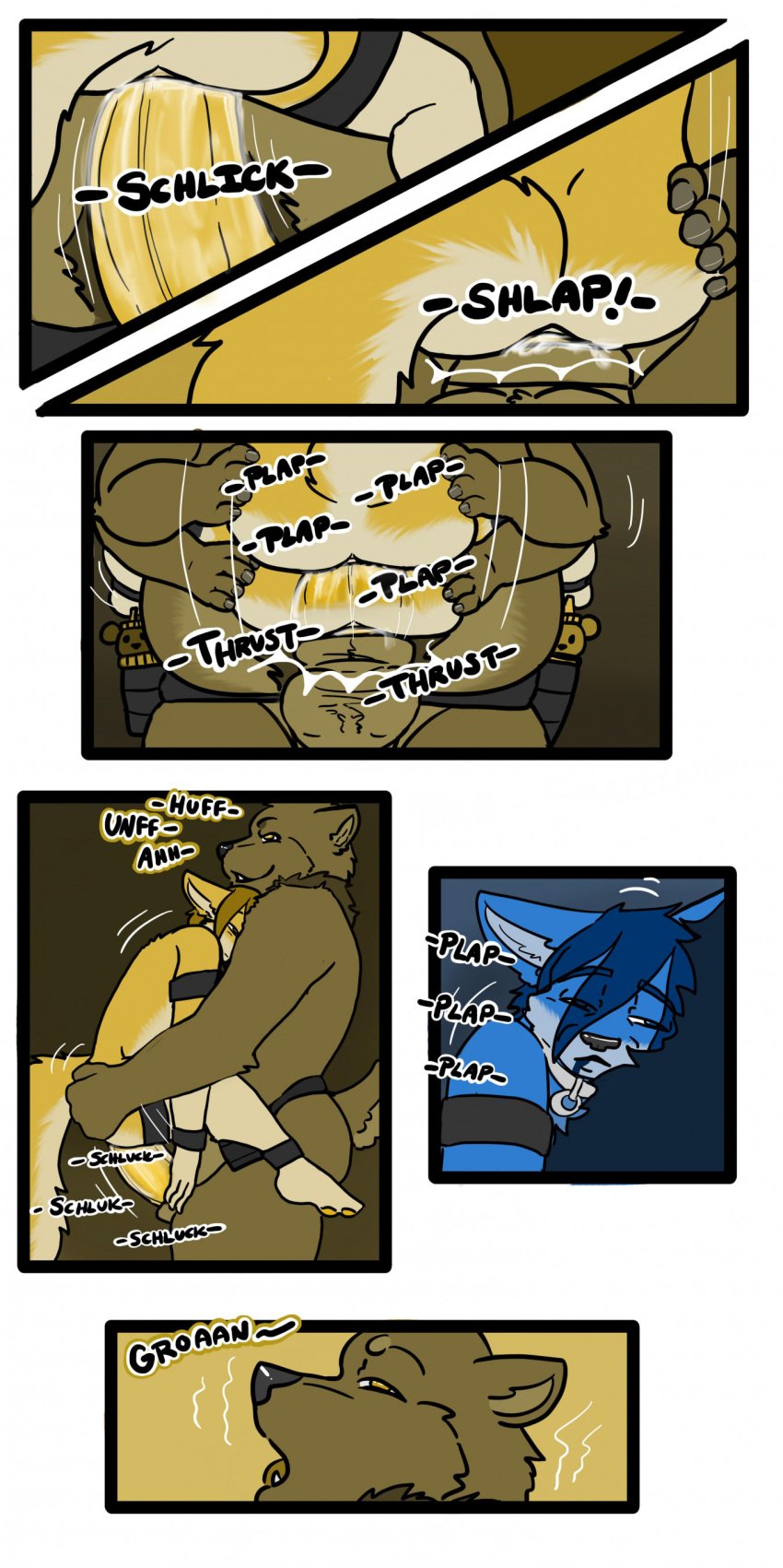 absurd_res animal_genitalia anthro anthro_on_anthro anthro_penetrated anthro_penetrating anthro_penetrating_anthro ass balls bear biped bodily_fluids body_hair canid chest_tuft cobalt_(tatsuchan18) collar comic dialogue drugged duo english_text fur genitals hair hi_res lying male male/male mammal penetration penis sex sheath sound_effects speech_bubble stretching substance_intoxication tatsuchan18 tears text text_box tuft ursid