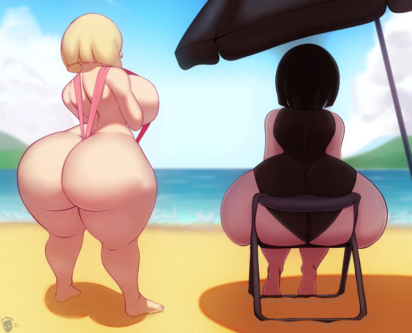 2girls ass beach beach_umbrella big_ass big_breasts bikini bimbo black_hair black_swimsuit black_umbrella blonde_hair bottom_heavy breasts bubble_butt chair clothing cloud fat_ass female female_only goth goth_girl hair huge_ass huge_breasts large_ass light-skinned_female light_skin lucy_loud massive_ass medium_hair n-kosi n-kosi_(coloring) ocean one-piece_swimsuit outside rear_view sand sideboob sitting sitting_on_chair sky sling_bikini standing swimsuit the_loud_house thicc-verse thick_ass thick_thighs thunder_thighs umbrella wide_hips