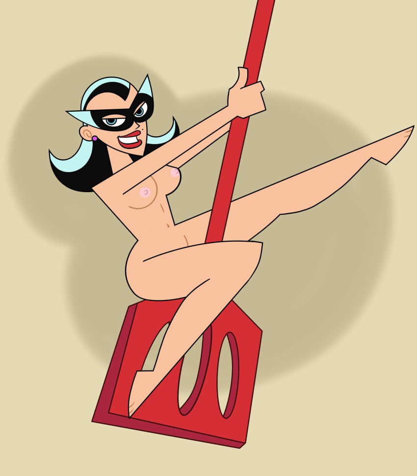 big_breasts black_hair bottomless exposed_breasts masked_female naked nickelodeon nude_female pinup pole_dancing spatula_woman straight_hair stripper_pole supervillainess the_fairly_oddparents thick_thighs topless