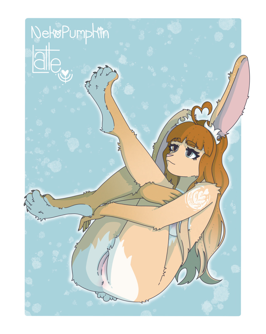 absurd_res anthro anus ass bangs blush body_blush breast_blush breasts brown_body brown_eyes brown_fur brown_hair cotton_tail feet female floppy_ears fur fur_markings genitals gradient_fur gradient_hair green_eyes hair heterochromia hi_res holding_both_legs holding_leg lagomorph latte_(nekopumpkin) legs_in_air leporid long_hair mammal markings nekopumpkin nipples nude paws pink_nose presenting pussy pussy_blush rabbit solo toes