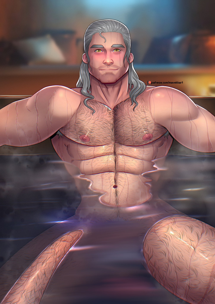 bathtub geralt_of_rivia hairy_chest in_water looking_at_viewer male male_only mavekkart muscles muscular muscular_male the_witcher_(series)