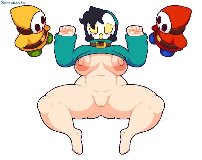 1girls 2boys big_breasts blush breasts dragal_(dra111) female female_focus lying_down male mario_(series) multiple_boys nintendo oc pixel_art pussy shy_gal shy_guy simple_background smaller_male thick_thighs white_background xmelomor24x