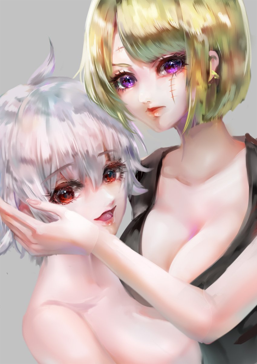 2girls big_breasts blonde_hair bob_cut canon_genderswap cleavage facial_scar female female_only genderswap_(mtf) ginko_sakata gintama gintoki_sakata hair_down hand_on_another's_face hand_on_another's_head looking_at_viewer open_mouth purple_eyes red_eyes rule_63 shiny_hair short_hair silver_hair smile topless_female tsukigime tsukuyo upper_body white_hair yuri