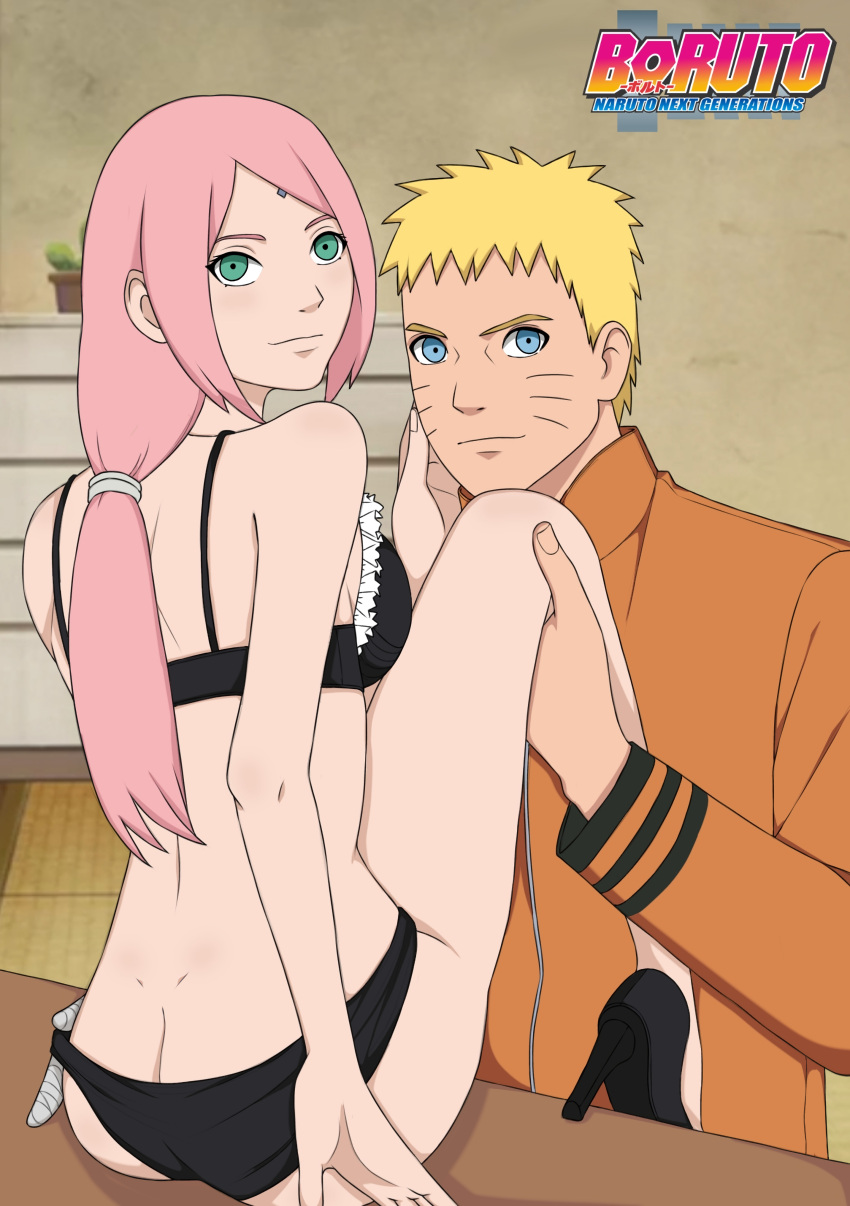 1boy 1boy1girl 1girls alternate_version_available ass before_sex black_bra black_heels black_high_heels black_panties blonde_hair blue_eyes blush boruto:_naruto_next_generations bra butt caressing_face cheating cheating_husband cheating_wife clothed clothing couple female footwear forehead_jewel forehead_mark green_eyes hair_ribbon heels hi_res high_heels highres indoors jack_.mery jacket leg_grab legs_up light-skinned_female light-skinned_male light_skin lingerie long_hair looking_at_viewer looking_back male male/female naruto naruto_(series) on_table panties pink_hair ponytail removing_panties revealing_clothes ribbon romantic sakura_haruno short_hair shounen_jump sitting sitting_on_desk sitting_on_table smile smiling spiky_hair stiletto_heels straight table tied_hair underwear undressing uzumaki_naruto whisker_markings whiskers yellow_hair