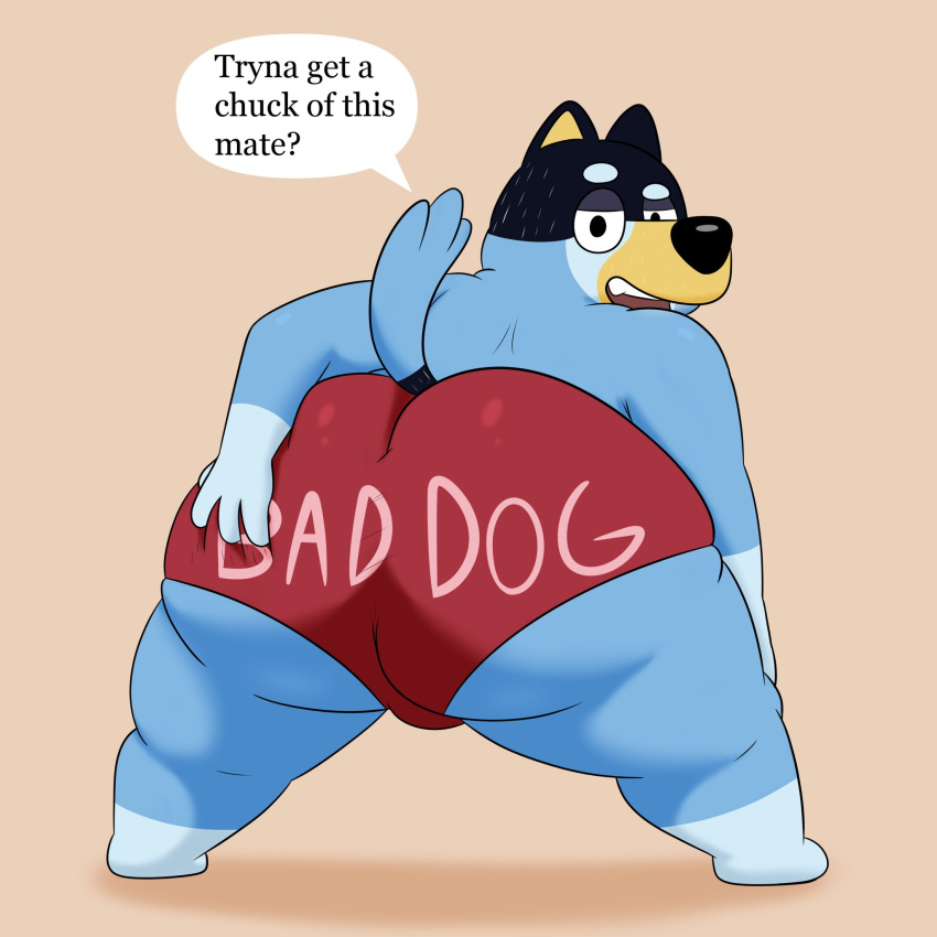 1boy anthro bandit_(bluey) bandit_heeler big_ass big_butt bluey_(series) canine colossalstars dat_ass fat_ass furry grabbing_own_ass male_only solo speech_bubble tail tan_background text text_bubble text_on_clothing underwear underwear_only