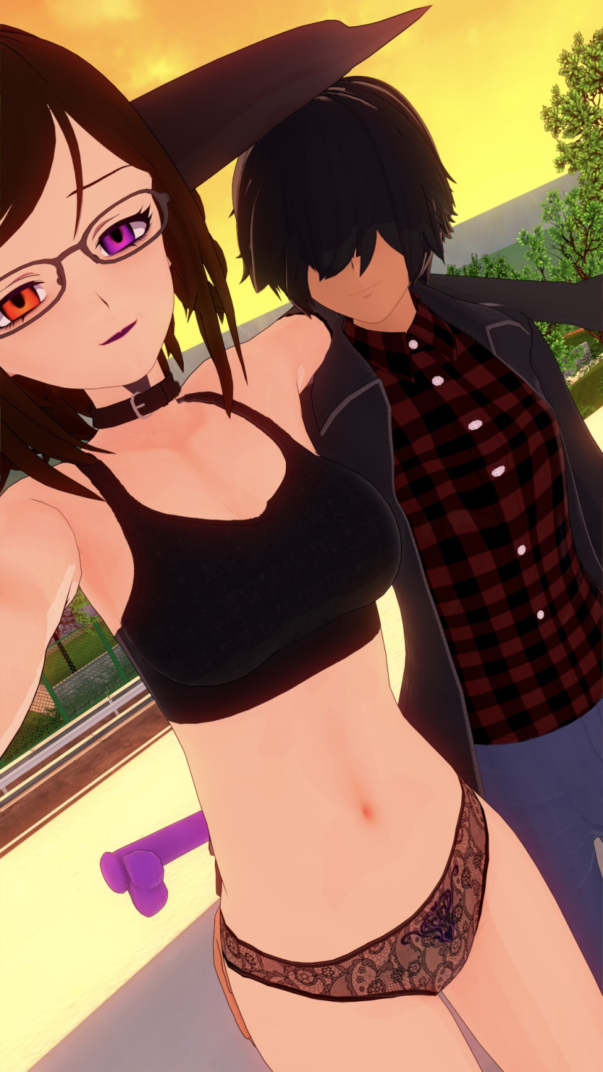 3d 3d_(artwork) blush breasts brown_hair demon demon_girl demon_horns dildo exhibitionism female glasses heterochromia lingerie madame_doom madame_doom(artist) nervous nervous_smile orange_eyes outdoor outdoors outside purple_eyes selfie staring sunset tattoo touching underwear