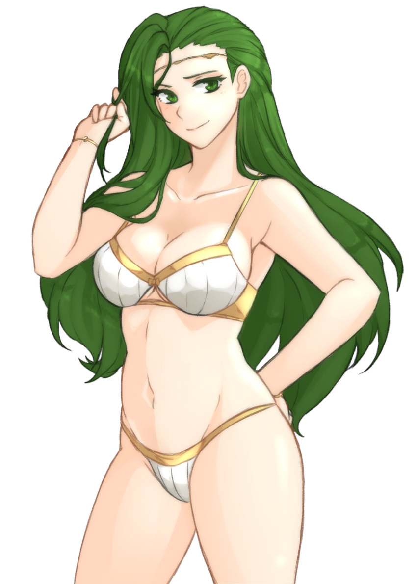 1girls absurdres alternate_costume annand_(fire_emblem) arms_behind_back bangs bare_shoulders bra breasts circlet cleavage cowboy_shot female female female_only fire_emblem fire_emblem:_genealogy_of_the_holy_war gold_trim green_eyes green_hair hair_tucking highres large_breasts long_hair looking_at_viewer mature_female navel nintendo panties simple_background smile solo standing thighs tridisart underwear white_bra white_panties