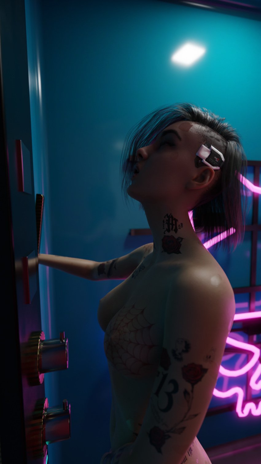 1girls 3d 3denos breasts cyberpunk_2077 judy_alvarez shower solo tattoo