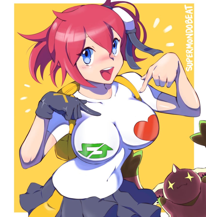 ami_aiba blue_eyes breasts clothed digimon digimon_(species) digimon_story digimon_story:_cyber_sleuth female female_protagonist goggles human large_breasts like_icon looking_at_viewer open_mouth pointing_at_breasts red_hair retweet_icon side_ponytail skin_tight skirt smile supermondobeat terriermon tight_clothing tight_shirt twitter