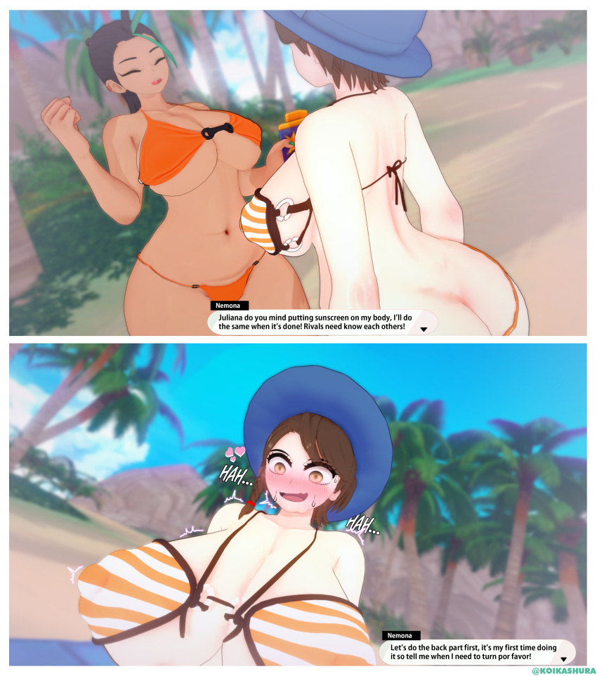 2girls 3d alternate_body_type alternate_breast_size ass big_breasts bikini blush blushing breasts busty butt curvaceous curvy curvy_body curvy_female curvy_figure english_text female female_only flustered game_freak horny_female huge_breasts juliana_(pokemon) koikashura large_breasts multiple_girls nemona_(pokemon) nintendo pokemon pokemon_sv swimwear text turned_on voluptuous yuri