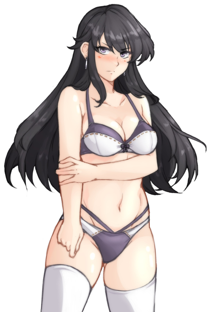 1girls absurdres alternate_costume angry ass_visible_through_thighs ayra_(fire_emblem) bangs bare_shoulders black_hair blush bra breasts cleavage cowboy_shot earrings female female female_only fire_emblem fire_emblem:_genealogy_of_the_holy_war highres holding_own_arm jewelry long_hair looking_at_viewer medium_breasts navel nintendo panties purple_eyes purple_panties simple_background solo thighhighs thighs tridisart underwear white_panties