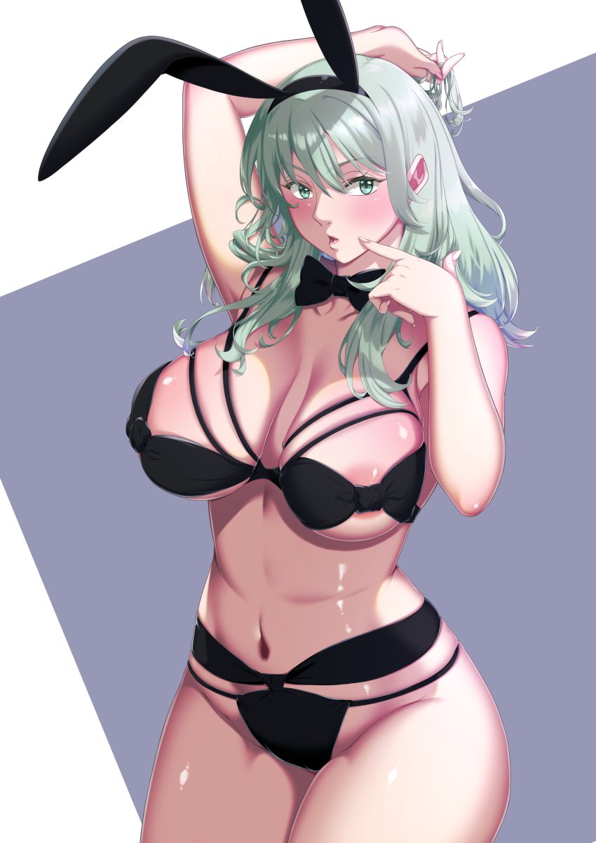 1girls blush bowtie bunny_ears bunny_girl bunnysuit byleth_(fire_emblem) byleth_(fire_emblem)_(female) female female_only fire_emblem fire_emblem:_three_houses green_eyes green_hair hair_grab hips intelligent_systems karakamayo large_breasts lingerie nintendo nipples nipples_outside plain_background pursed_lips thick_thighs