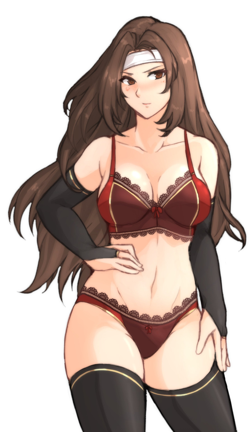 1girls absurdres altena_(fire_emblem) alternate_costume bandana bangs bare_shoulders blush bra breasts bridal_gauntlets brown_hair cleavage cowboy_shot female female_only fire_emblem fire_emblem:_genealogy_of_the_holy_war fire_emblem:_thracia_776 hand_on_hip highres lingerie long_hair navel nintendo panties red_bra red_panties simple_background solo thighhighs tridisart underwear