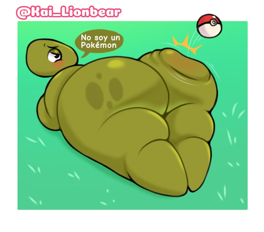 anthro ass blush bongo_(character) bongo_(series) bonguitoweon dinosaur green_body huge_ass huge_butt kai_lionbear_(artist) looking_at_viewer looking_back male pokeball pose slap spanish_text tagme thick thick_ass thick_legs