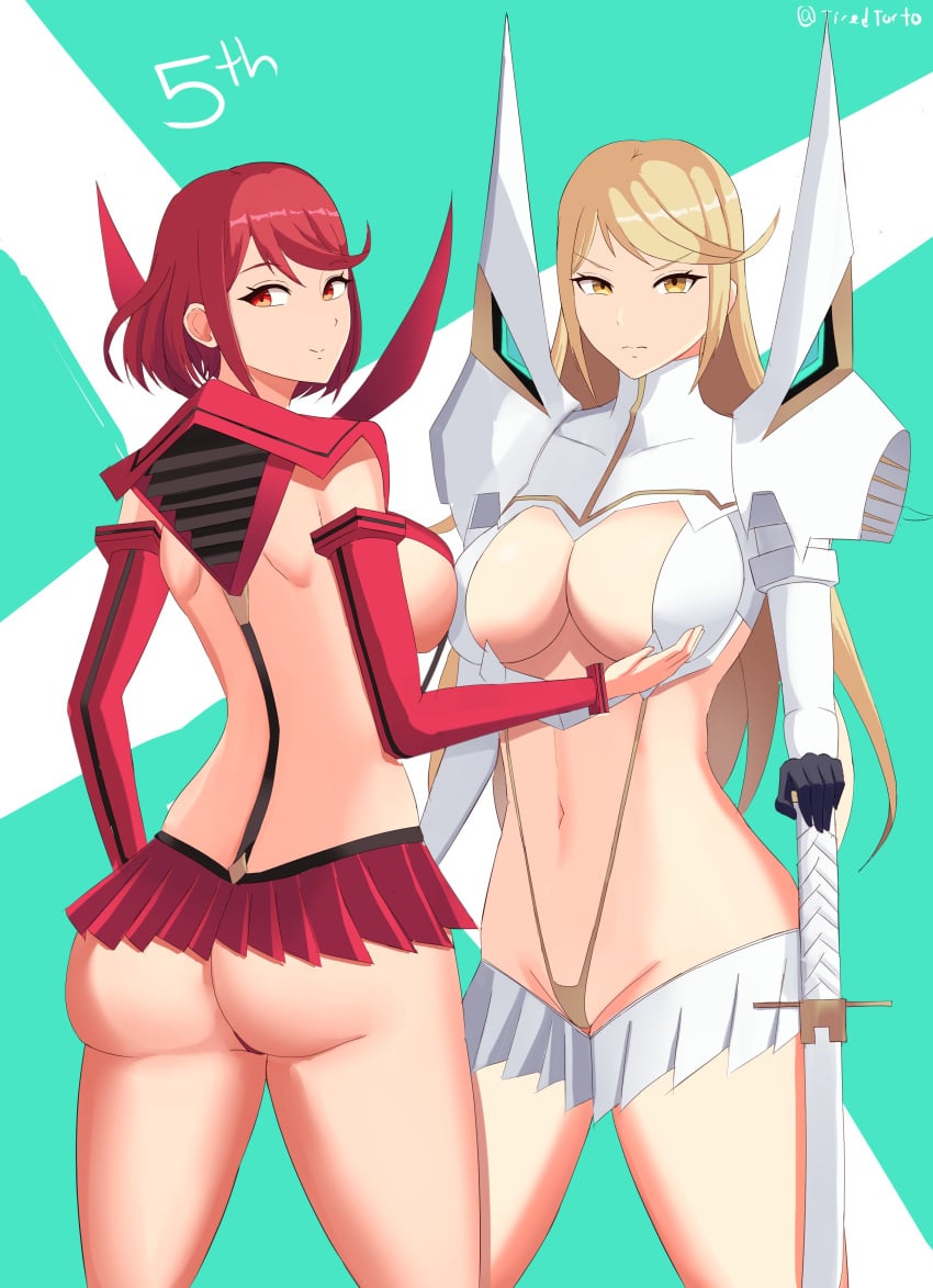 2girls female female_only light-skinned_female light_skin mythra nintendo pyra short_hair tagme tiredtorto xenoblade_(series) xenoblade_chronicles_2