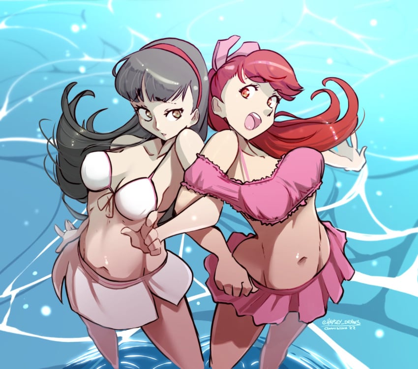 2girls alternate_costume amagi_yukiko atlus big_breasts black_hair breasts female female_only haysey_draws kasumi_yoshizawa large_breasts megami_tensei perineum persona persona_4 persona_5 persona_5_royal ponytail red_eyes red_hair sumire_yoshizawa swimsuit