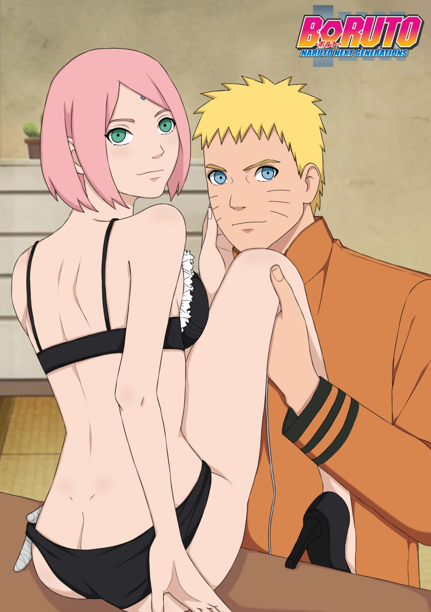 1boy 1boy1girl 1girls alternate_version_available ass before_sex black_bra black_heels black_high_heels black_panties blonde_hair blue_eyes blush bob_cut boruto:_naruto_next_generations bra butt caressing_face cheating cheating_husband cheating_wife clothed clothing couple female footwear forehead_jewel forehead_mark green_eyes heels hi_res high_heels highres indoors jack_.mery jacket leg_grab legs_up light-skinned_female light-skinned_male light_skin lingerie looking_at_viewer looking_back male male/female medium_hair naruto naruto_(series) on_table panties pink_hair removing_panties revealing_clothes romantic sakura_haruno short_hair shoulder_length_hair shounen_jump sitting sitting_on_desk sitting_on_table smile smiling spiky_hair stiletto_heels straight table underwear undressing uzumaki_naruto whisker_markings whiskers yellow_hair