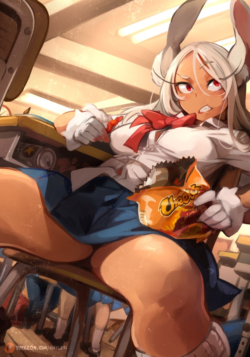 1girls animal_ears blouse breasts button_gap can cheetos chips_(food) classroom dark-skinned_female dark_skin desk eating eyelashes female food gloves hi_res khyleri large_breasts long_eyelashes long_hair miniskirt miruko muscular muscular_female my_hero_academia necktie no_bra patreon_username rabbit_ears rabbit_girl red_eyes rumi_usagiyama school_desk school_uniform schoolgirl scrunchie sitting skirt soda_can spread_legs thick_thighs thighs white_hair