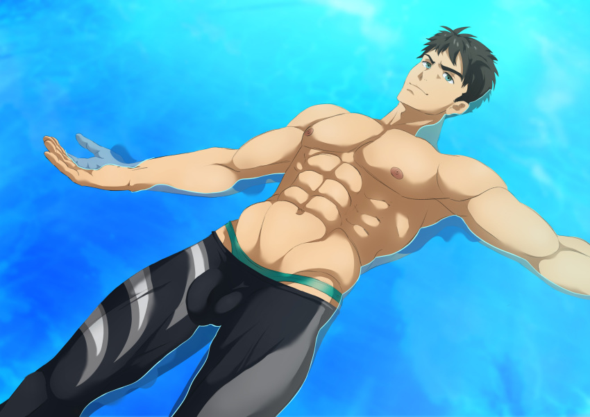 bara big_muscles black_hair bulge bulge_through_clothing dark_hair dhlinez dickhead_edits dickheadz334 free! hi_res male male_focus male_only muscles muscular_arms muscular_male penis_outline solo_male sosuke_yamazaki tight_clothes tight_clothing tight_pants