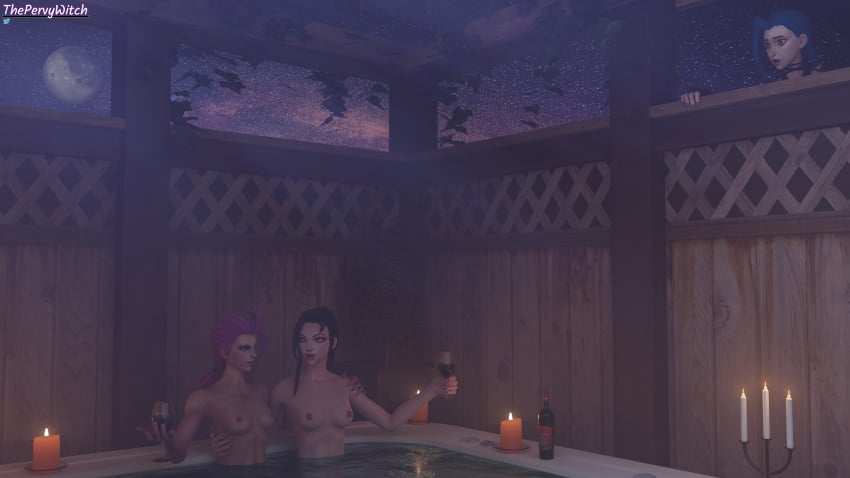 3d 3girls arcane_caitlyn arcane_jinx artist_upload caitlyn_kiramman canon_couple female female_only hot_tub jinx_(league_of_legends) league_of_legends peeping thepervywitch vi wine yuri