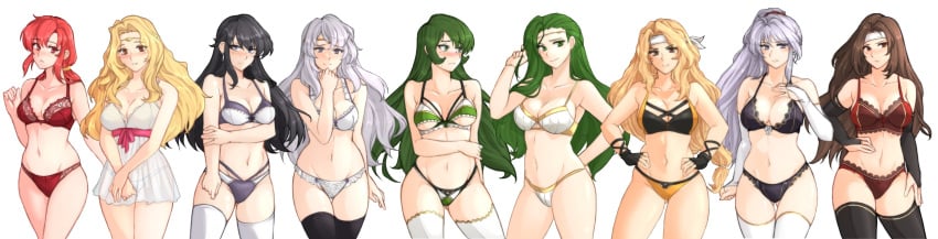 6+girls 9girls absurdres altena_(fire_emblem) alternate_costume angry annand_(fire_emblem) ass_visible_through_thighs ayra_(fire_emblem) bandana bangs bare_shoulders bikini black_bikini black_bra black_gloves black_hair black_panties blonde_hair blush bra breasts bridal_gauntlets brigid_(fire_emblem) brown_eyes brown_hair circlet cleavage clenched_hand collarbone cowboy_shot deirdre_(fire_emblem) edain_(fire_emblem) elbow_gloves embarrassed embarrassed_underwear_female erinys_(fire_emblem) ethlyn_(fire_emblem) euf female female_only fingerless_gloves fire_emblem fire_emblem:_genealogy_of_the_holy_war fire_emblem:_thracia_776 gloves green_eyes green_hair green_panties grey_hair hand_on_hip hand_on_own_chest hands_on_hips headband highres ishtar_(fire_emblem) jewelry large_breasts light_purple_hair lingerie long_hair looking_at_viewer looking_to_the_side medium_breasts medium_hair midriff mother_and_daughter multiple_girls navel nintendo own_hands_together panties ponytail purple_eyes purple_hair purple_panties red_bra red_eyes red_hair red_panties see-through siblings simple_background smile standing stomach swimsuit thighhighs thighs tridisart twins two-tone_bikini underwear very_long_hair wavy_hair white_background white_bra white_negligee white_panties yellow_bikini yellow_panties zettai_ryouiki