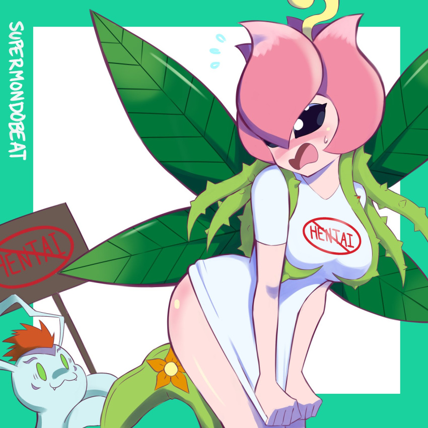 1boy 1girls 4_wings anti_hentai blush bottomless digimon digimon_(species) embarrassed fairy fairy_wings female gomamon green_eyes green_hair leaf leaf_wings leaves lilimon lillymon male no_nose no_panties no_pants plant plant_girl protest red_hair shiny_ass shirt_tug sign supermondobeat surprised sweatdrop t-shirt vine_hair vines wings