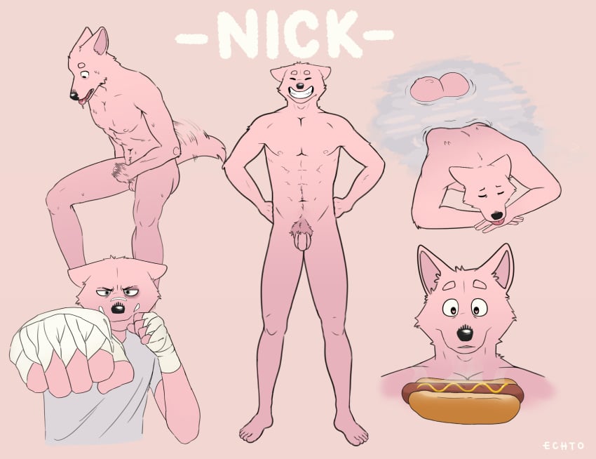 <3_eyes absurd_res anthro ass_up balls black_eye_(injury) bodily_fluids boxing_tape bruised canid canine canis domestic_dog drooling echto erection flaccid food foreskin fur genitals hands_on_hips heart hi_res hot_dog hot_spring humanoid_genitalia humanoid_penis male mammal masturbation model_sheet penile penile_masturbation penis pink_body pink_fur pubes relaxing saliva smile solo tail_motion tailwag tongue tongue_out unretracted_foreskin water