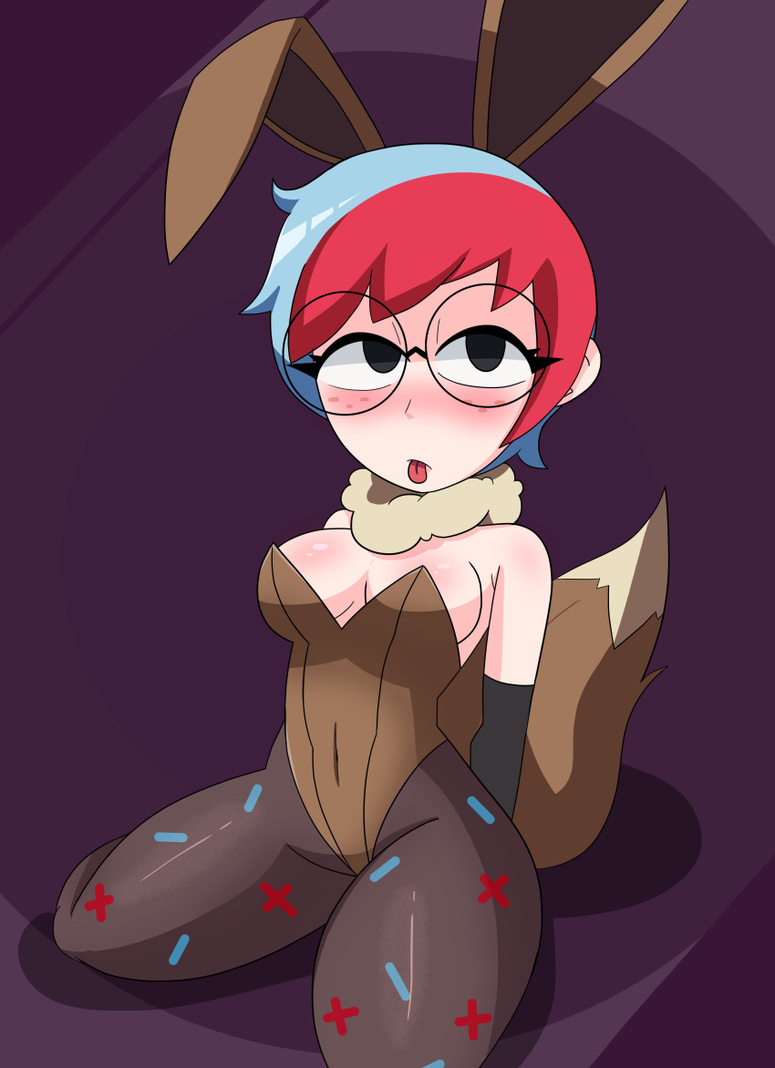 1girls cosplay eevee_(cosplay) glasses multicolored_hair penny_(pokemon) pokemon pokemon_(cosplay) pokemon_sv r_bismut rbismut squirrel_girl tongue_out