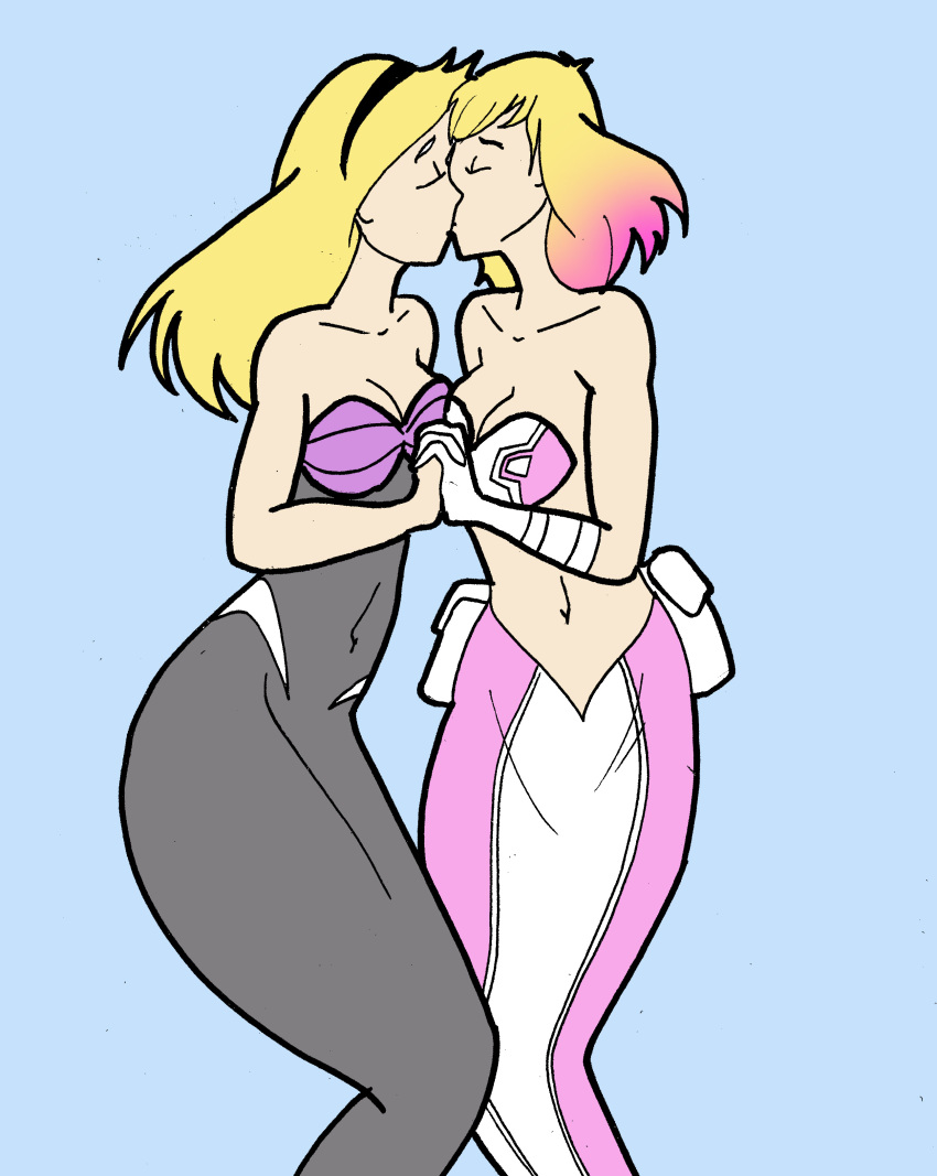 2girls blonde_hair breasts cleavage female female_only gwen_poole gwen_stacy gwenpool hairband hand_holding interlocked_fingers kissing marvel marvel_comics mermaid mermaid_girl mermaid_tail mermaid_transformation multiple_girls pronon1990 spider-gwen spider-man_(series) underwater yuri