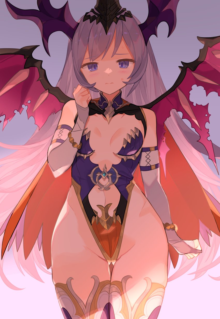 1girls ass_visible_through_thighs blush brave_sword_x_blaze_soul breasts cameltoe cape cleft_of_venus closed_mouth clothing_cutout cute demon_sword_gram_(alter)_(brave_sword_x_blaze_soul) detached_sleeves embarrassed eye_contact female female_only gradient gradient_background grey_background grey_hair groin head_wings hi_res high_resolution highleg highleg_leotard highres horns legwear leotard long_hair looking_at_viewer medium_breasts navel navel_cutout orange_cape pink_background purple_eyes solo spring2013 sweatdrop thigh_gap thighhighs thighs wide_hips wings