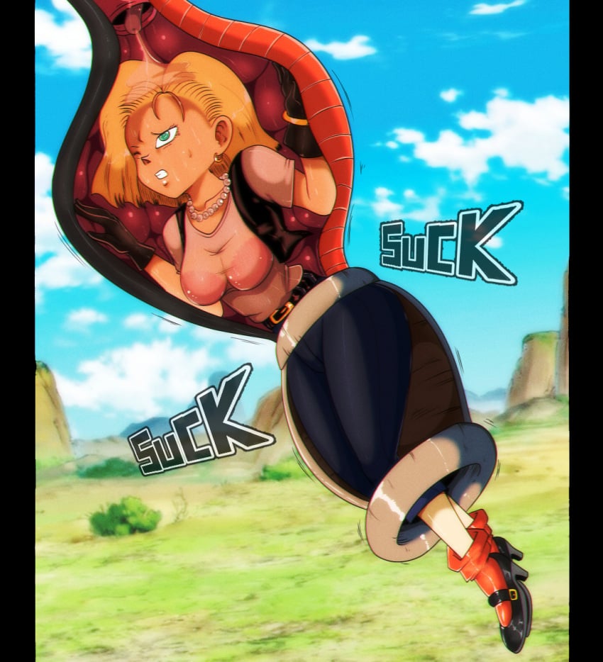 1girls absorbing absorption absorption_vore android_18 big_breasts blonde_hair blue_sky breasts cell_(dragon_ball) cellabsorb cloud clouds dragon_ball dragon_ball_z earrings female flesh_tunnel flesh_wall fleshy_tentacle forced forced_vore green_eyes huge_tail necklace orange_tail shiny_breasts shiny_hair shiny_skin short_hair squeeze squish squished struggling struggling_prey tail tail_bondage tail_bulge tail_grab tail_motion tail_pull tail_suck tail_vore tailjob tree trees vore white_skin yellow_hair