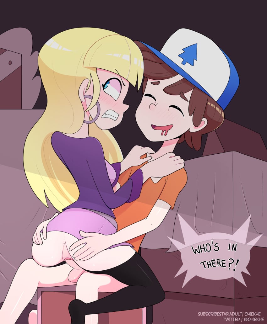 1boy 1boy1girl 1girls ass_grab black_legwear blonde_female blonde_hair blue_eyes blush blush_lines bottomless_skirt brown_hair clothed_female clothed_sex cowgirl_position dipcifica dipper_pines femdom gravity_falls hat hat_stays_on_during_sex hetero light-skinned_female light-skinned_male long_hair malesub no_panties ohiekhe pacifica_northwest penetration pine_tree_(symbol) riding riding_penis satisfied_look satisfied_smile sex sitting stealth_sex straight straight_hair thighhighs vaginal_penetration