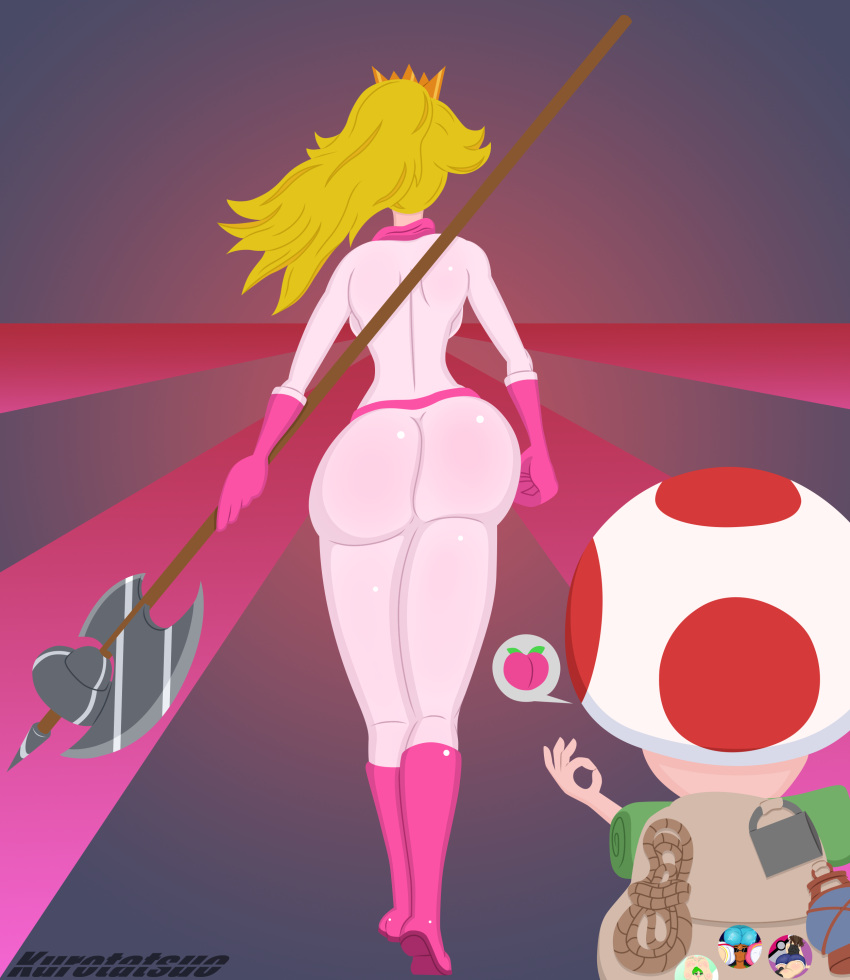 1boy 1girls artist_name ass back backpack big_ass biker_clothes blonde_hair bodysuit facing_away female female_focus halberd holding_weapon illumination_entertainment kurotatsuo lantern male mario_(series) mug nintendo princess_peach rope simple_background standing super_mario_bros._(2023_film) toad_(mario) watermark weapon