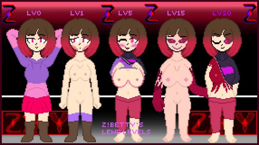 2d bete_noire big_breasts breasts brown_hair fully_clothed fully_nude glitchtale pink_eyes pink_hair pink_highlights pixel_art self_upload showering showing_breasts shy small_breasts text undertale undertale_(series) undertale_au z!betty zixy