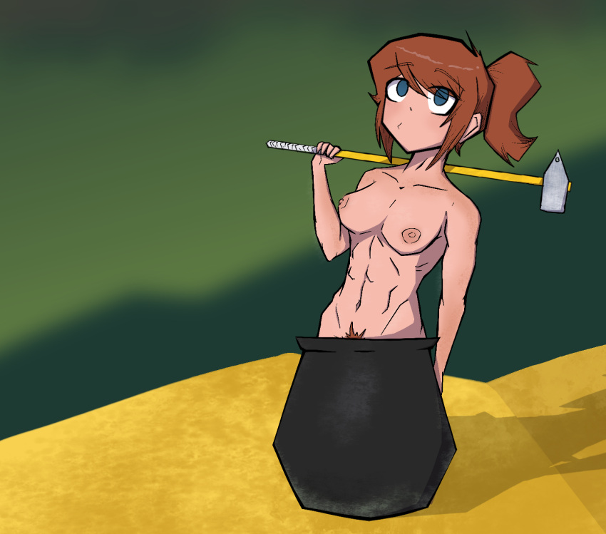 abs background blue_eyes brown_hair bush cauldron female fully_nude getting_over_it hammer muscular muscular_female