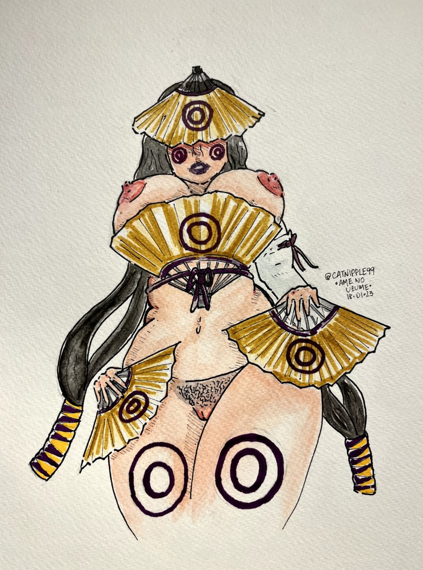 1girls ame_no_uzume_(megami_tensei) catnipple99 covered_face fan goddess hairy_pussy huge_breasts large_breasts megami_tensei persona pubes pubic_hair purple_lips shin_megami_tensei solo solo_female tattoo voluptuous wide_hips