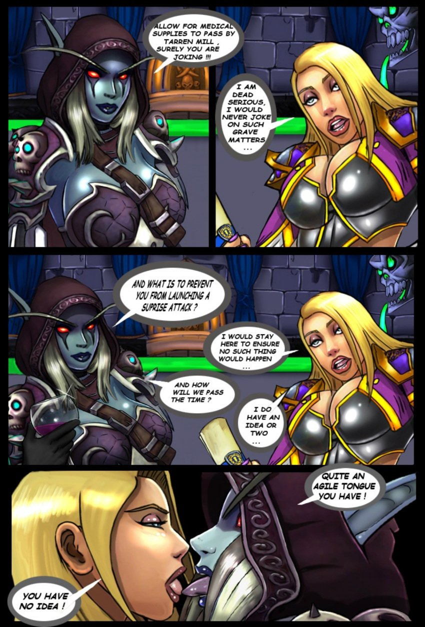 2girls alliance_(warcraft) blizzard_entertainment blonde_hair blue_skin comic comic_page dialogue female forsaken horde horde_(warcraft) human human_(world_of_warcraft) interspecies jaina_proudmoore kissing large_breasts light-skinned_female light_skin shina sylvanas_windrunner tongue_kiss tongue_out undead undead_(warcraft) warcraft world_of_warcraft yuri