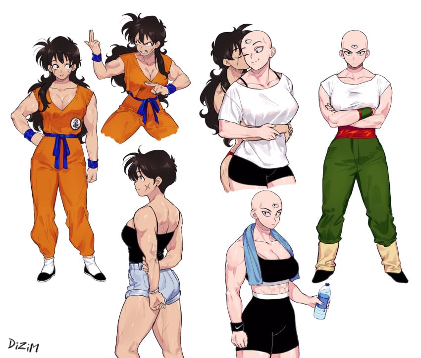 2girls 3_eyes bald bald_female bald_woman bike_shorts clothing crossed_arms denim_shorts dizim dragon_ball dragon_ball_z female female_only genderswap_(mtf) hug hug_from_behind multi_eye no_sex rule_63 sports_bra sportswear tenshinhan tien_shinhan tiencha tight_clothing white_background yamcha yuri