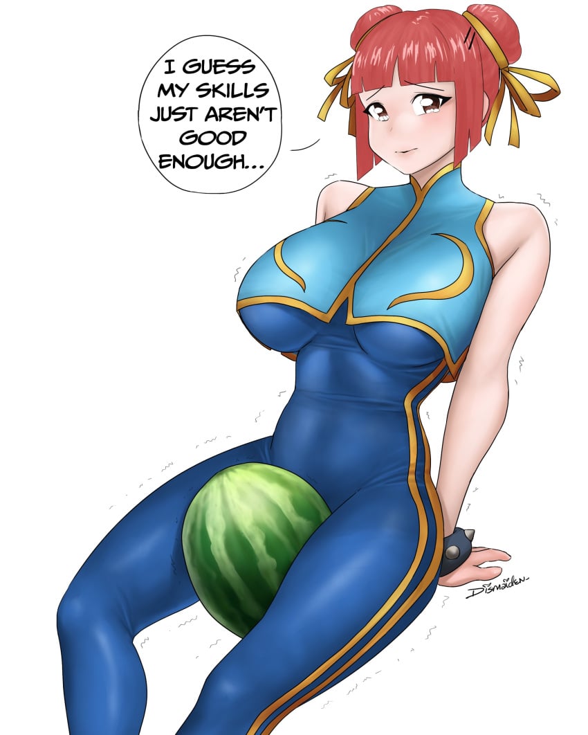 1girls aki-chan_(dismaiden) big_breasts chun-li_(cosplay) crushing_watermelon crying crying_with_eyes_open dismaiden female female_only red_hair street_fighter thick_thighs watermelon