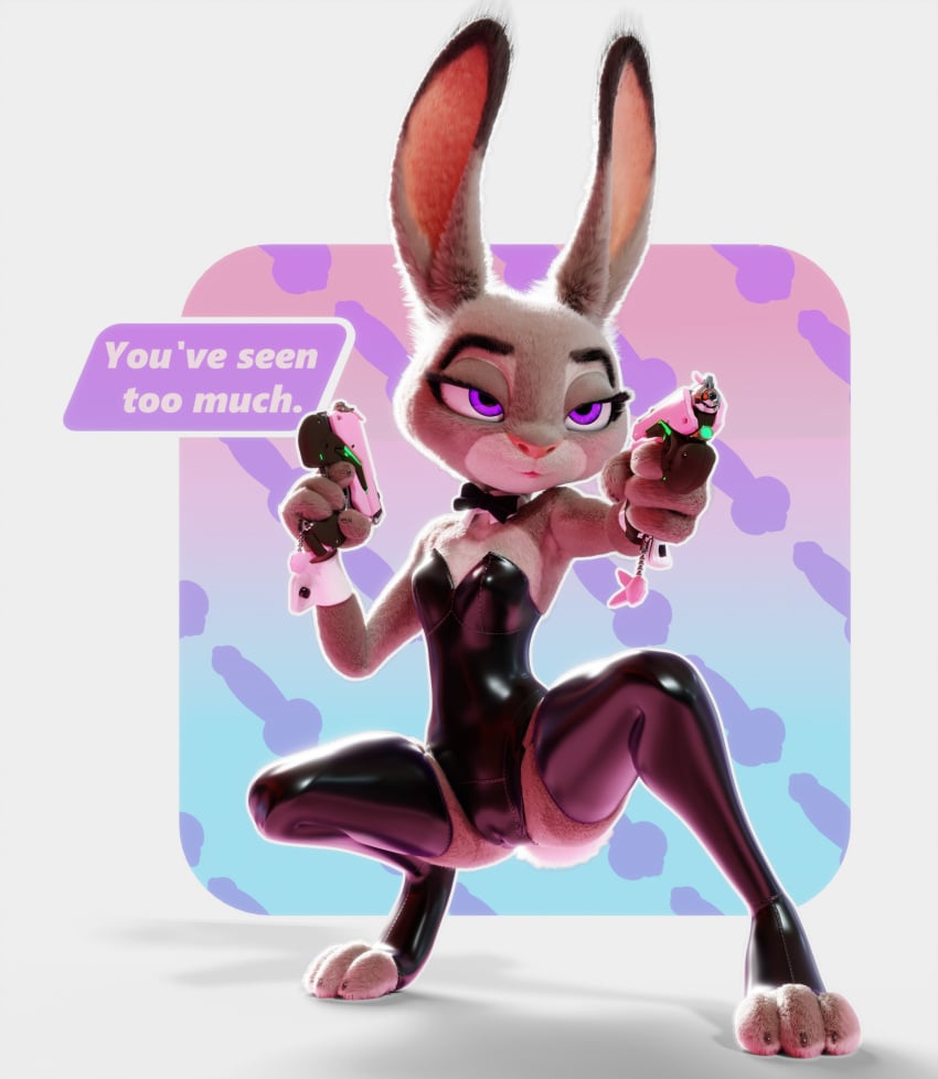 3d 3d_(artwork) absurd_res anthro big_ears bow_tie breasts cameltoe clothing crouching cuffs_(clothing) dialogue disney english_text female fur furry furry_only grey_body gun handgun hi_res judy_hopps lagomorph leather leather_clothing leotard leporid mammal pistol pochemu purple_eyes rabbit ranged_weapon slim small_breasts solo speech_bubble stockings text toeless_legwear toeless_stockings weapon zootopia