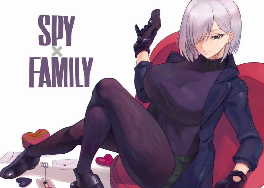 1girls breasts clothed cutesexyrobutts_(style) female fiona_frost gun highres holding_object lesottart light-skinned_female light_skin nightfall_(spy_x_family) pistol short_hair spy spy_x_family thick_thighs white_hair